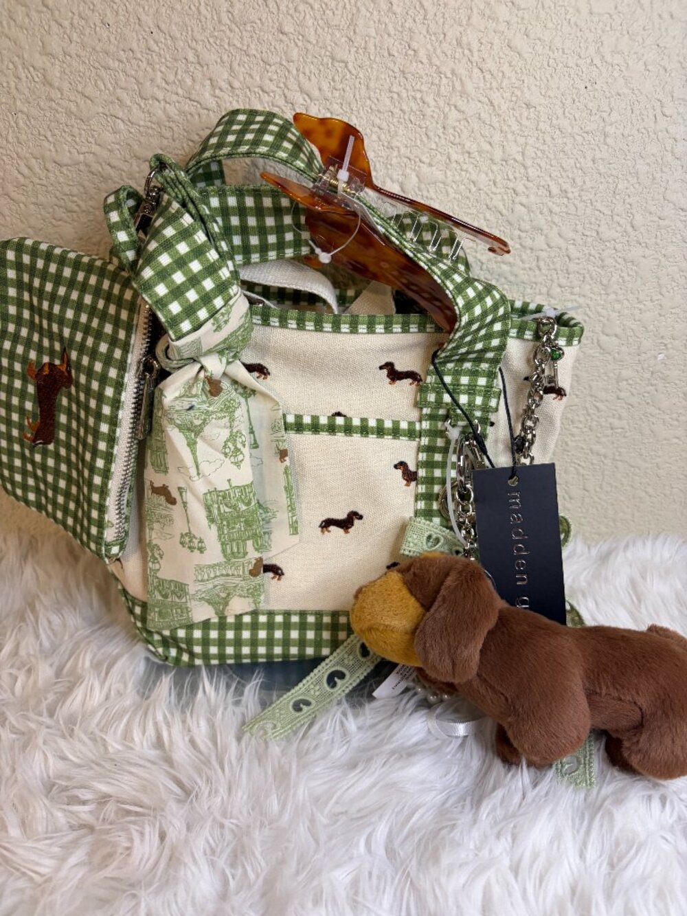 Viral Madden Girl Dachshund Doxie Gingham Tote Bag Charm Mini Bag Hair Clip NWT